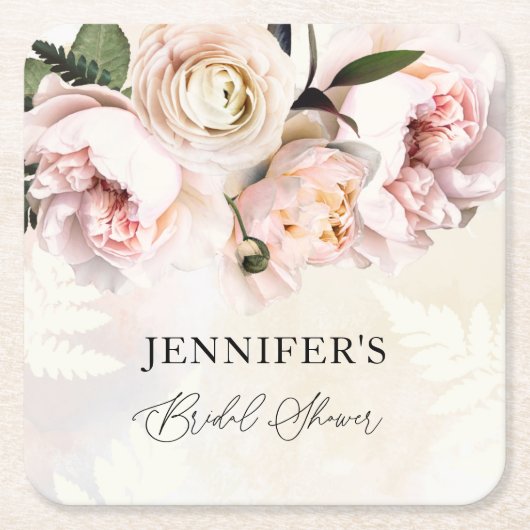 ピンクフローラブライダルシャワー スクエアペーパーコースター (正面)