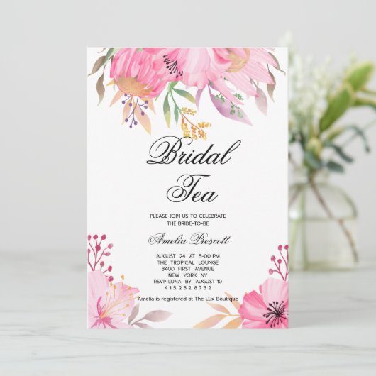 ピンクフローラブライダルティーパーティーブライダルシャワー 招待状 (スタンド正面)