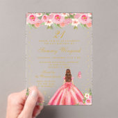 ピンクフローラブラウンヘアプリンセス誕生日パーティー アクリル招待状 (インサイチュ (ポータブル))