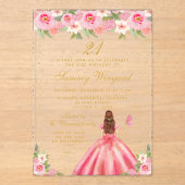 ピンクフローラブラウンヘアプリンセス誕生日パーティー アクリル招待状 (正面)