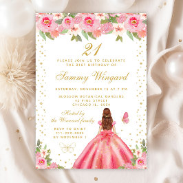 ピンクフローラブラウンヘアプリンセス誕生日パーティー 招待状