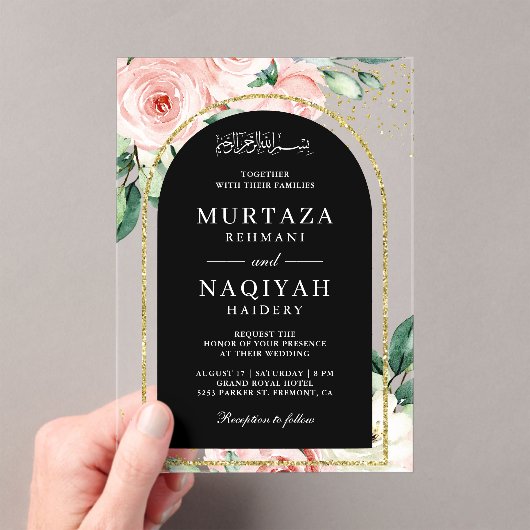 ピンクフローラブラックアーチムスリム結婚ズ アクリル招待状 (インサイチュ (ポータブル))