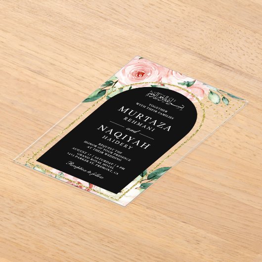 ピンクフローラブラックアーチムスリム結婚ズ アクリル招待状 (レイダウン)