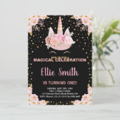 ピンクフローラブラックユニコーン誕生日招待状 招待状 (スタンド正面)