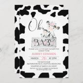 ピンクフローラブラック牛プリントベビーシャワー 招待状 (正面/裏面)