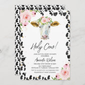 ピンクフローラブラック牛プリントホーリーカウベビーシャワー 招待状 (正面/裏面)