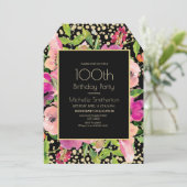 ピンクフローラブラック金ゴールドグリッター100誕生日 カード (スタンド正面)