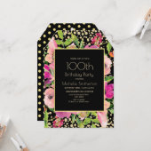 ピンクフローラブラック金ゴールドグリッター100誕生日 カード (正面/裏面インサイチュ)