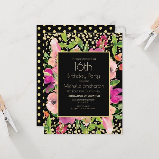 ピンクフローラブラック金ゴールドグリッター16誕生日 カード (正面/裏面インサイチュ)