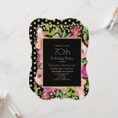 ピンクフローラブラック金ゴールドグリッター70誕生日 カード (正面/裏面インサイチュ)