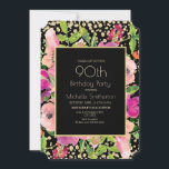 ピンクフローラブラック金ゴールドグリッター90誕生日 カード<br><div class="desc">ピンクの水色のフローラと緑の葉金ゴールドの黒と輝く文字のフォントを持つ女性のための第90のバースデーパーティーの招モダン待の上。このカードの裏には、黒い背景に金ゴールド水玉模様が付いている。カスタマイ連絡ズでも、一致する製品を要求するための私たち。</div>