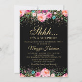 ピンクフローラブラック金ゴールドサプライズ退職パーティー 招待状 (正面)