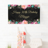 ピンクフローラブラック金ゴールドハッピーバースデーバナー 横断幕 (インサイチュ)