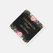 ピンクフローラブラック金ゴールドバースデーパーティー紙 スタンダードカクテルナプキン (角)