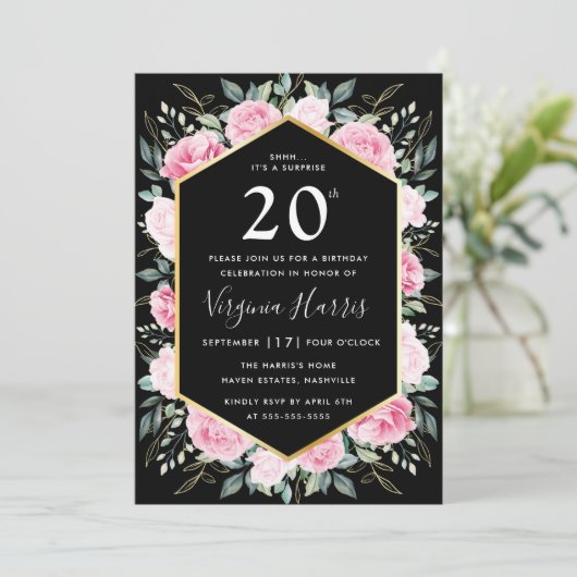 ピンクフローラブラック20誕生日 招待状 (スタンド正面)
