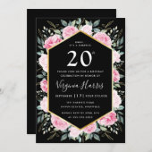 ピンクフローラブラック20誕生日 招待状 (正面/裏面)