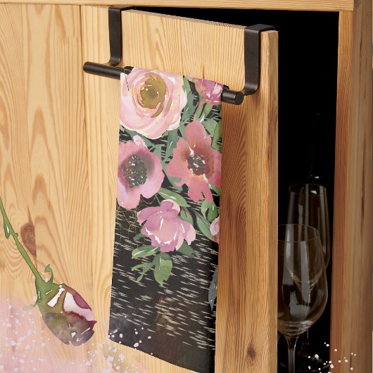 ピンクフローラブラック キッチンタオル