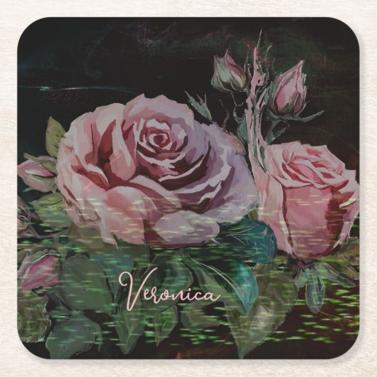 ピンクフローラブラック スクエアペーパーコースター (正面)