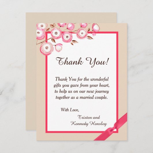 ピンクフローラブランチ4x5フラット結婚サンキューカード サンキューカード (正面/裏面)