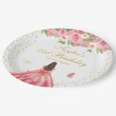 ピンクフローラブルネットヘアガールバースデーパーティー ペーパープレート (アングル)