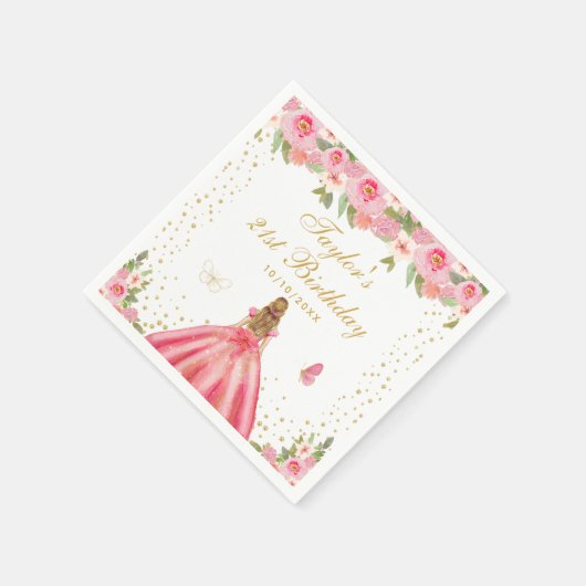 ピンクフローラブロンドヘアガールバースデーパーティー スタンダードカクテルナプキン (角)