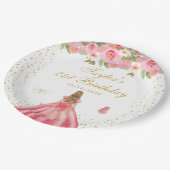 ピンクフローラブロンドヘアガールバースデーパーティー ペーパープレート (アングル)