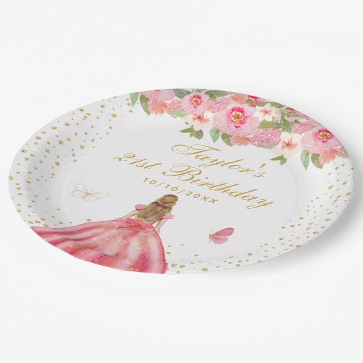 ピンクフローラブロンドヘアガールバースデーパーティー ペーパープレート (アングル)