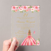 ピンクフローラブロンドヘアプリンセス誕生日パーティー アクリル招待状 (インサイチュ (ポータブル))