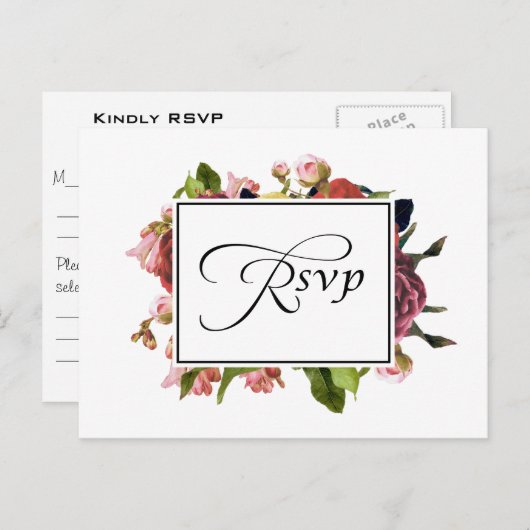 ピンクフローラブーケウェディングRSVP インビテーションポストカード (正面/裏面)