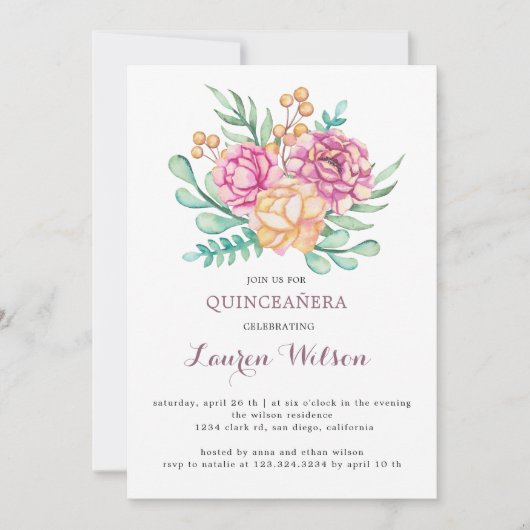 ピンクフローラブーケキンセアニェラ招待状 招待状 (正面)