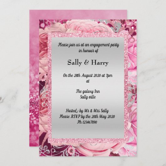 ピンクフローラブーケグリッター誕生日 招待状 (正面/裏面)