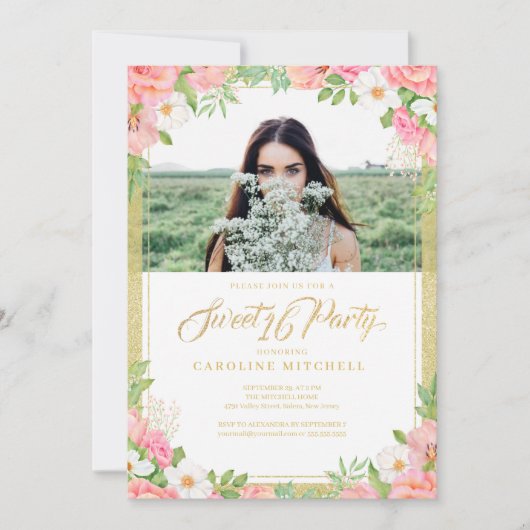 ピンクフローラブーケバラスウィート16パーティー写真 招待状 (正面)