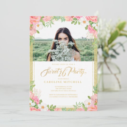 ピンクフローラブーケバラスウィート16パーティー写真 招待状 (スタンド正面)