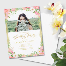 ピンクフローラブーケバラスウィート16パーティー写真 招待状