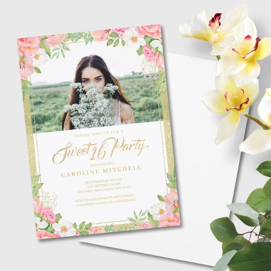 ピンクフローラブーケバラスウィート16パーティー写真 招待状