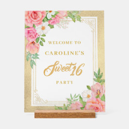 ピンクフローラブーケバラスウィート16パーティー歓迎 アクリルサイン