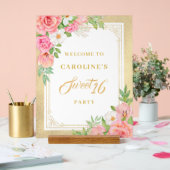 ピンクフローラブーケバラスウィート16パーティー歓迎 アクリルサイン (ウェディング)