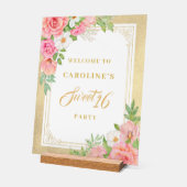 ピンクフローラブーケバラスウィート16パーティー歓迎 アクリルサイン (傾斜)