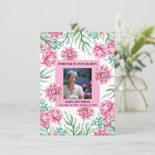 ピンクフローラブーケ悔やみや弔慰サンキューカード 招待状 (スタンド正面)