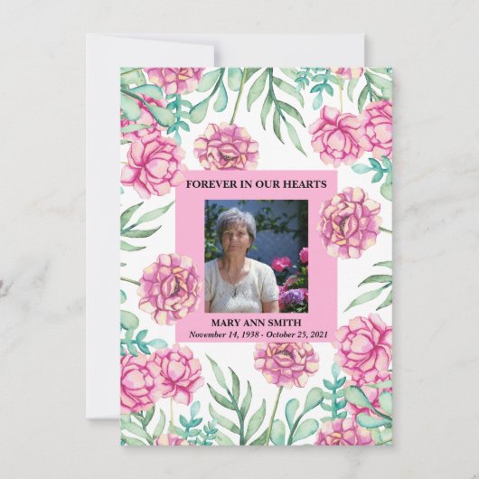 ピンクフローラブーケ悔やみや弔慰サンキューカード 招待状 (正面)