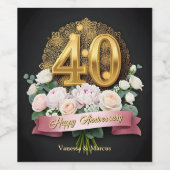 ピンクフローラブーケ金ゴールド結婚40周年 ワインラベル (シングルラベル)