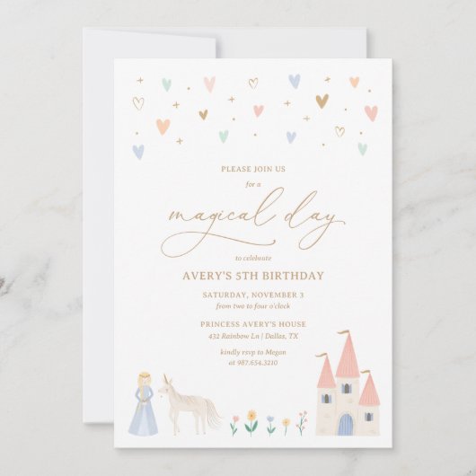 ピンクフローラプリンセスガールバースデーパーティー 招待状 (正面)