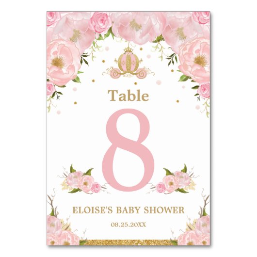 ピンクフローラプリンセスキャリッジガールベビーシャワー テーブルナンバー (正面)