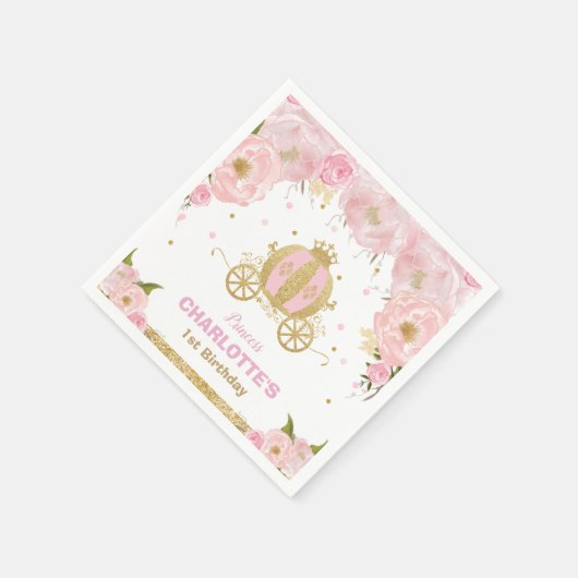 ピンクフローラプリンセスキャリッジ誕生日ベビーシャワー スタンダードカクテルナプキン (角)