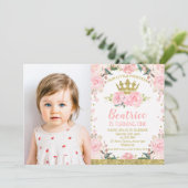 ピンクフローラプリンセスクラウン写真1歳の誕生日 招待状 (スタンド正面)