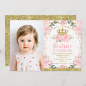 ピンクフローラプリンセスクラウン写真1歳の誕生日 招待状 (正面/裏面)