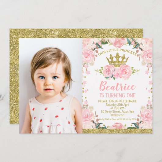 ピンクフローラプリンセスクラウン写真1歳の誕生日 招待状 (正面/裏面)
