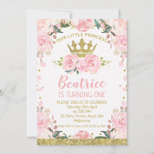 ピンクフローラプリンセスクラウン1st誕生日招待状 招待状 (正面)