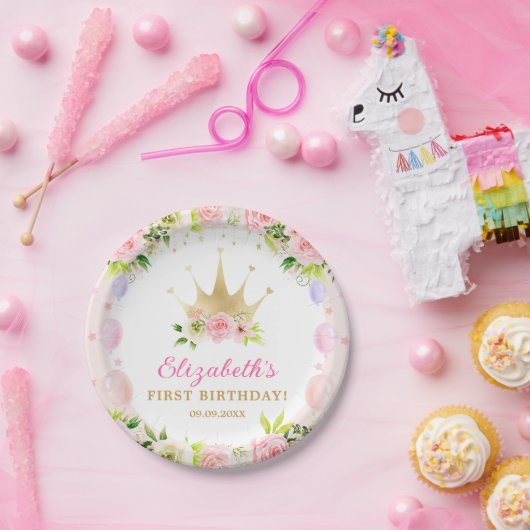 ピンクフローラプリンセスクラウン1st誕生日 ペーパープレート (パーティー)