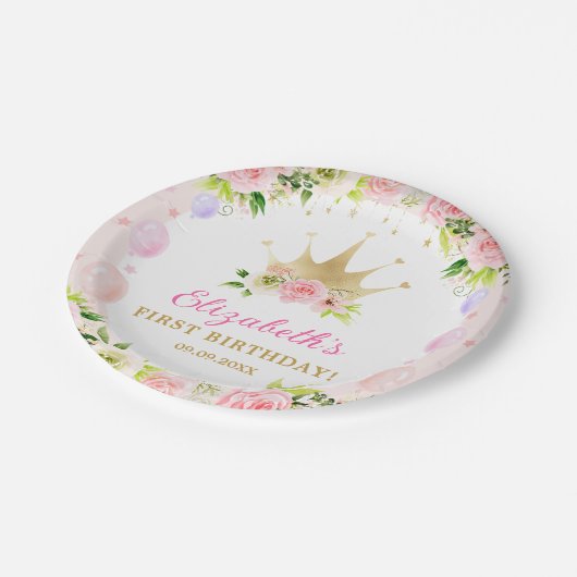 ピンクフローラプリンセスクラウン1st誕生日 ペーパープレート (アングル)